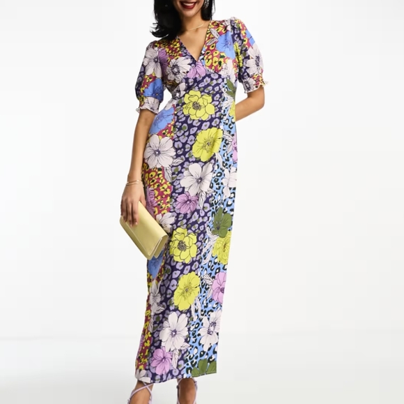 NWT Vila v neck midi tea dress with side split in mixed floral print - Picture 3 of 9